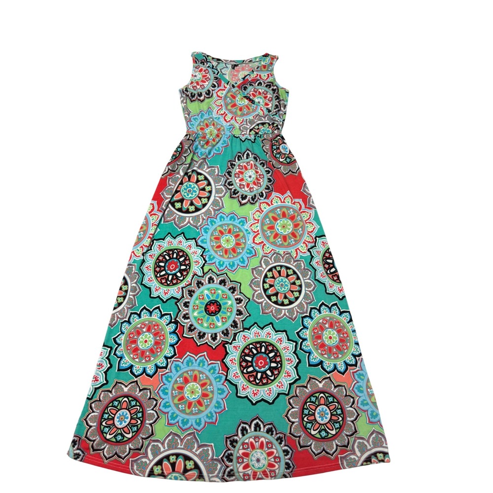 Zattcas Maxi Dress Babydoll Sleeveless Mandala Print Multi Color Boho Womens L